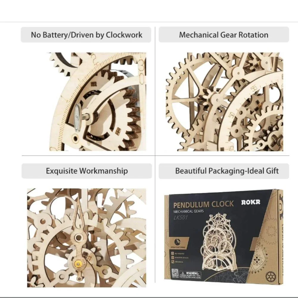 ROKR Pendulum Clock Mechanical Wooden Gear Puzzle Kit_4